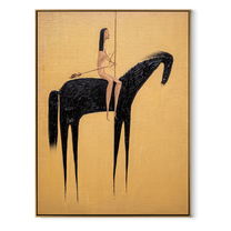 Black Horse Crosses Gold - minimal horse rider painting by Elliot Vale, modern figurative vertical wall art - wood frame on white background