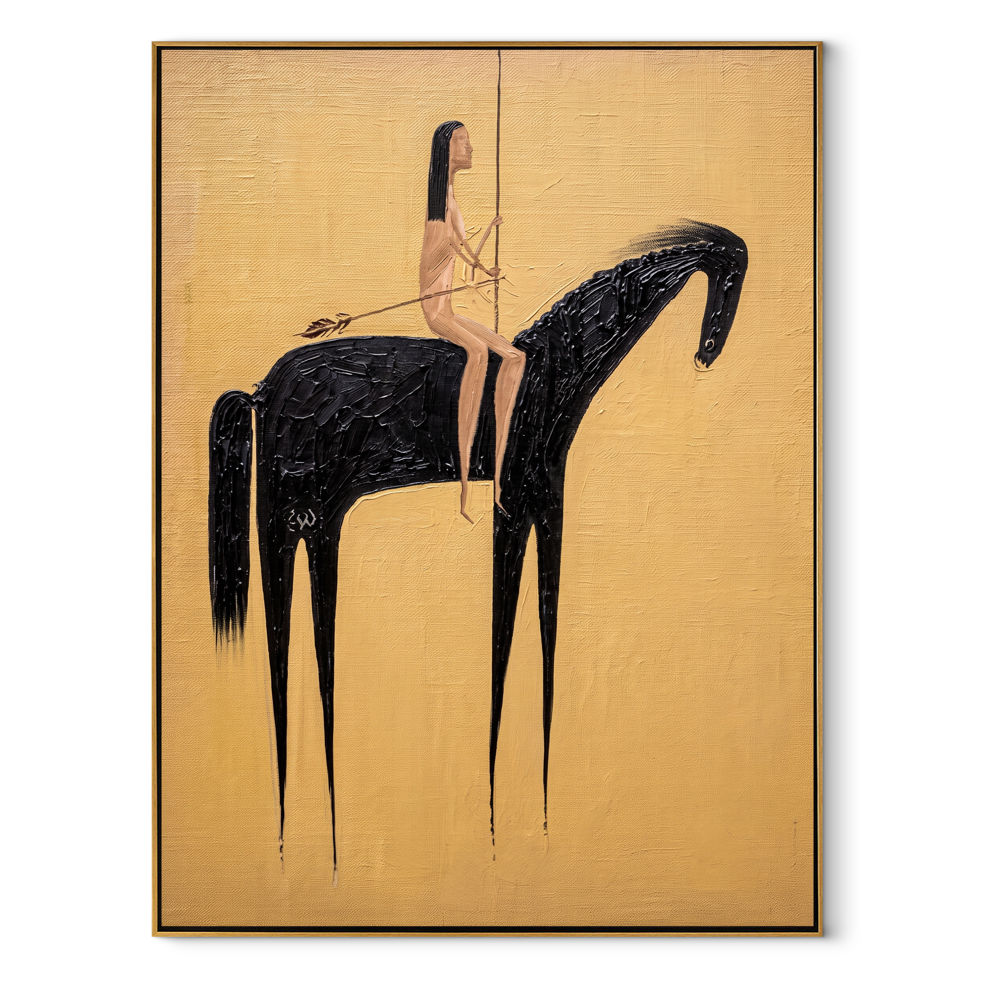 Black Horse Crosses Gold - minimal horse rider painting by Elliot Vale, modern figurative vertical wall art - wood frame on white background