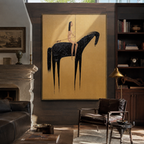 Black Horse Crosses Gold - minimal horse rider painting by Elliot Vale, modern figurative vertical wall art - styled room scene view 2