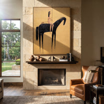 Black Horse Crosses Gold - minimal horse rider painting by Elliot Vale, modern figurative vertical wall art - styled room scene view 3