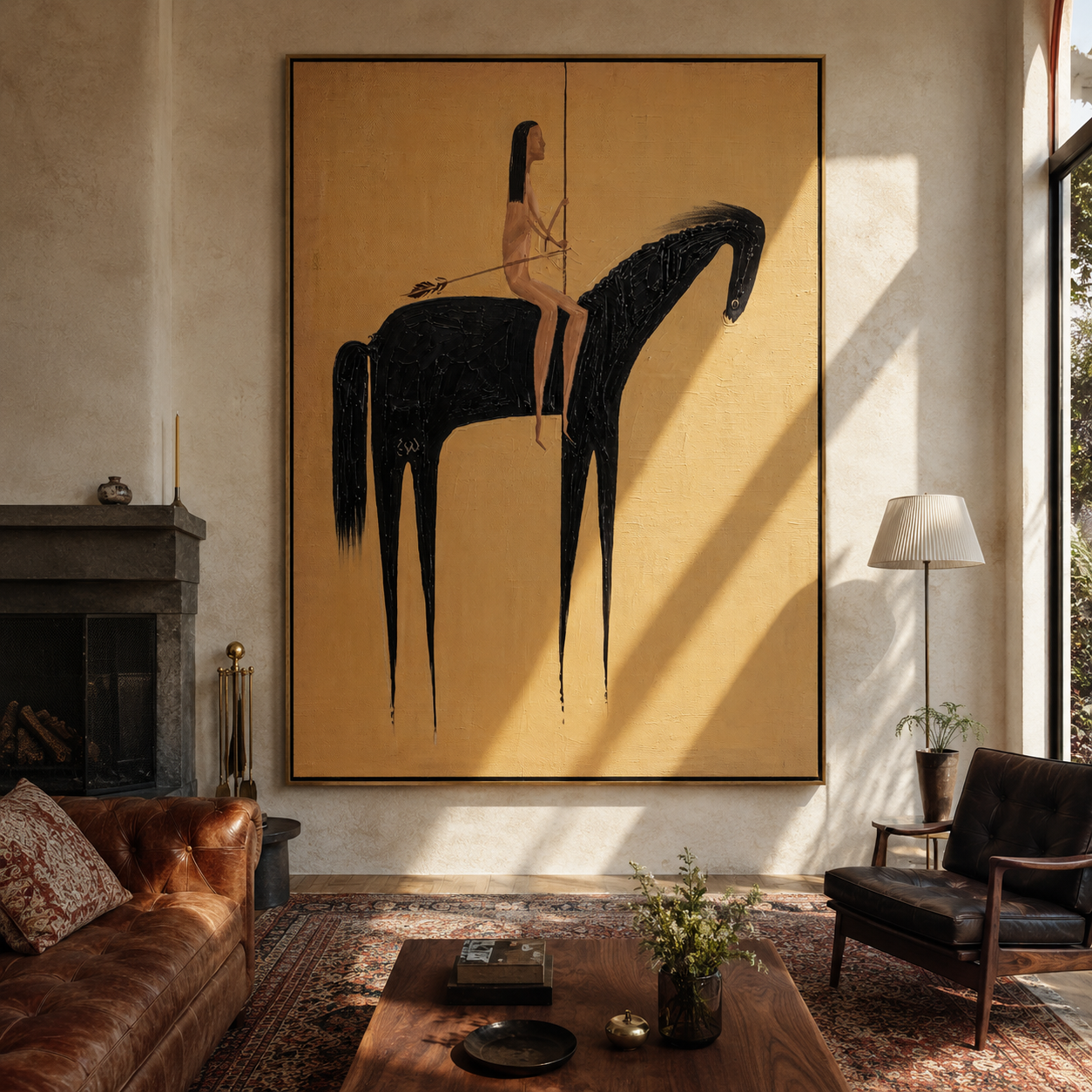 Black Horse Crosses Gold - minimal horse rider painting by Elliot Vale, modern figurative vertical wall art - styled room scene view 5