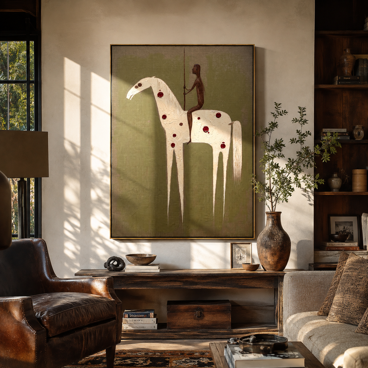 Red Spots Carry Shadow - spotted white horse painting by Elliot Vale, modern figurative vertical wall art - styled room scene view 1