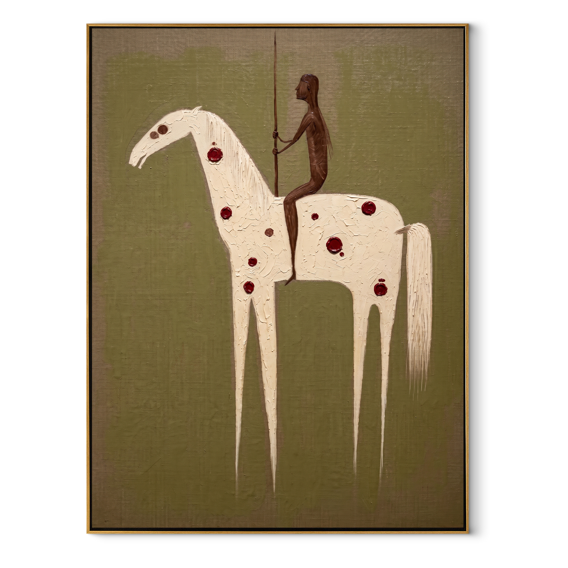 Red Spots Carry Shadow - spotted white horse painting by Elliot Vale, modern figurative vertical wall art - wood frame on white background