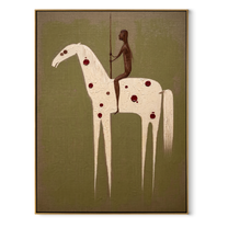 Red Spots Carry Shadow - spotted white horse painting by Elliot Vale, modern figurative vertical wall art - wood frame on white background