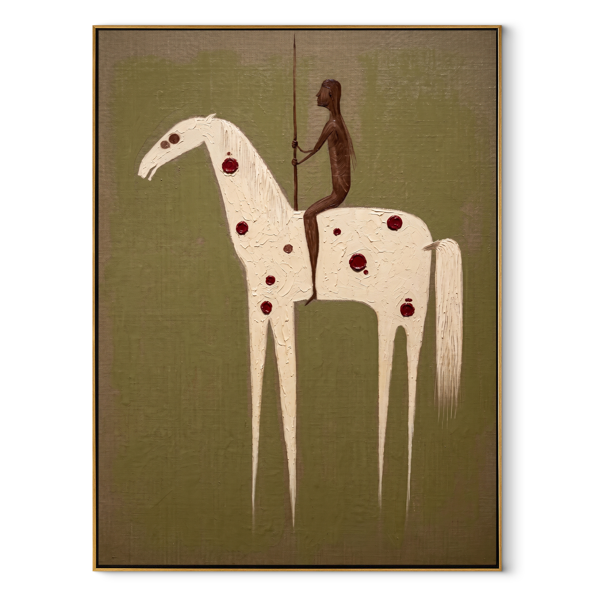 Red Spots Carry Shadow - spotted white horse painting by Elliot Vale, modern figurative vertical wall art - wood frame on white background