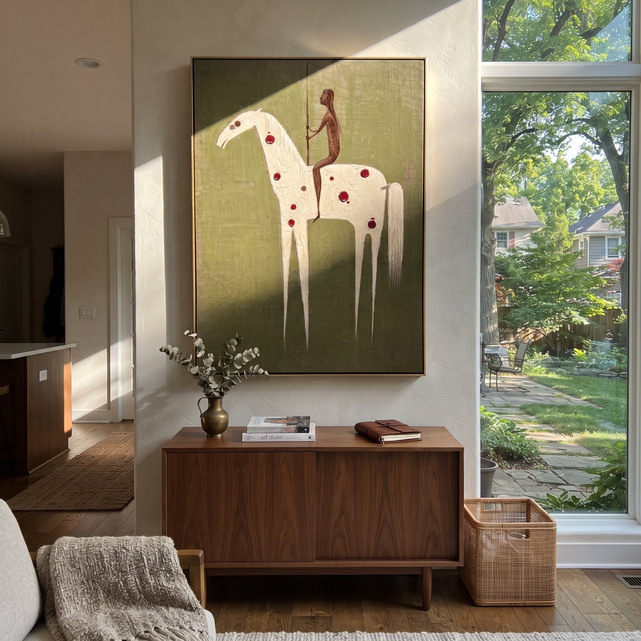 Red Spots Carry Shadow - spotted white horse painting by Elliot Vale, modern figurative vertical wall art - styled room scene view 2