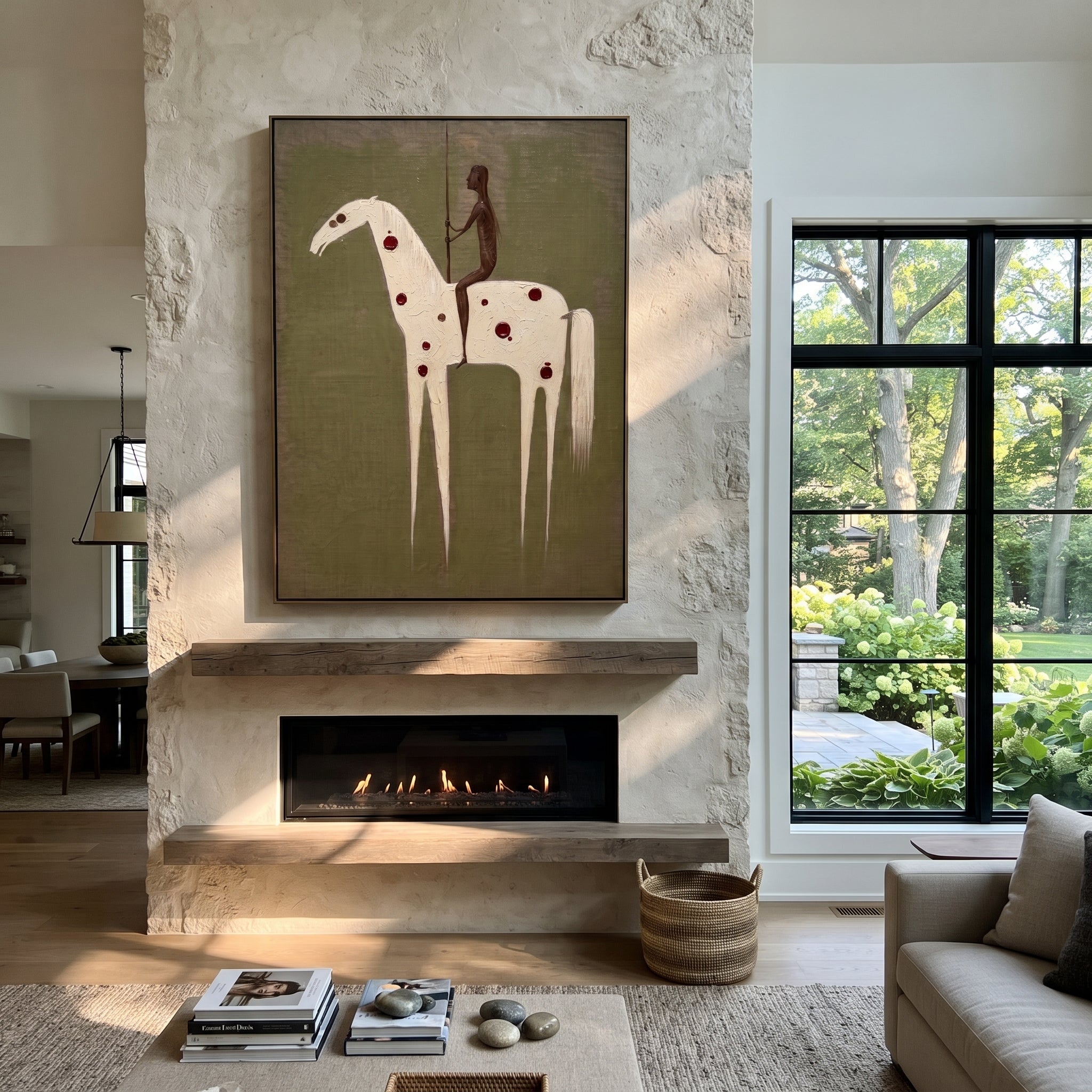 Red Spots Carry Shadow - spotted white horse painting by Elliot Vale, modern figurative vertical wall art - styled room scene view 3