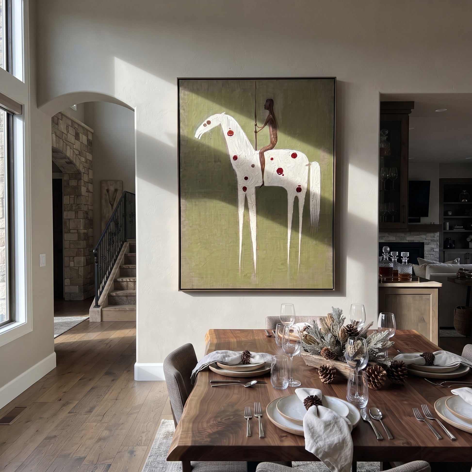 Red Spots Carry Shadow - spotted white horse painting by Elliot Vale, modern figurative vertical wall art - styled room scene view 4