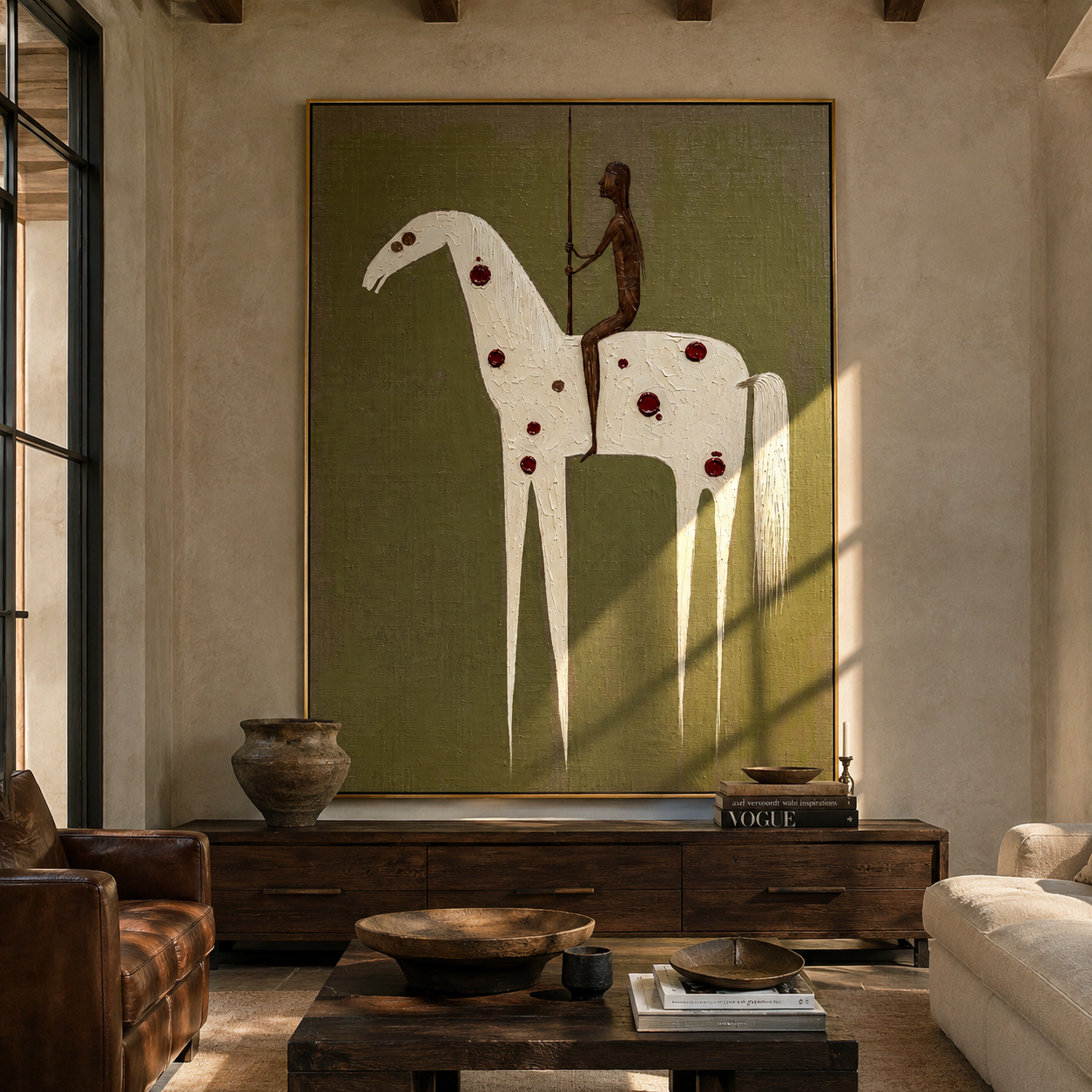 Red Spots Carry Shadow - spotted white horse painting by Elliot Vale, modern figurative vertical wall art - styled room scene view 5
