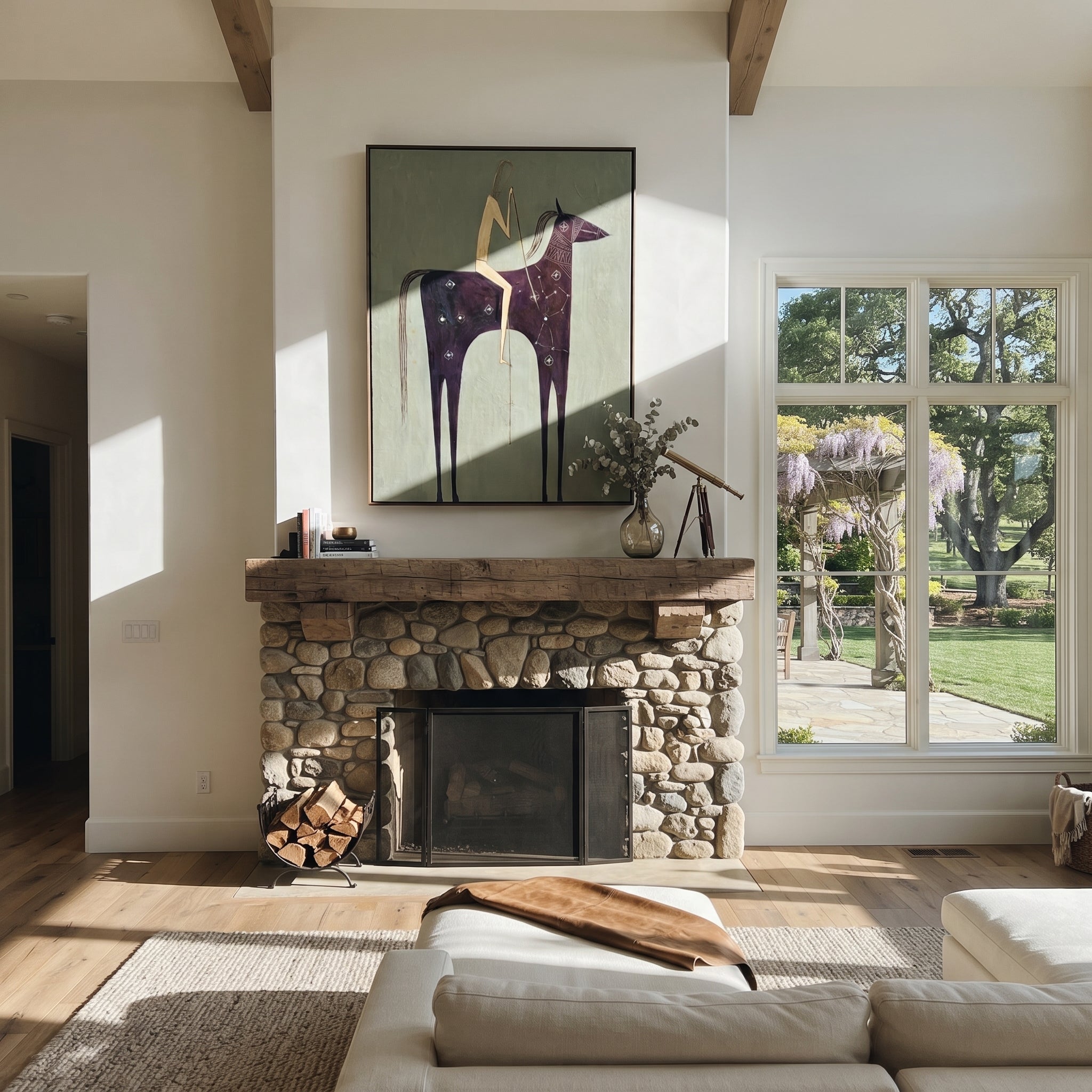 Midnight Horse Carries Linen - minimal dark horse painting by Elliot Vale, modern figurative vertical wall art - styled room scene view 1