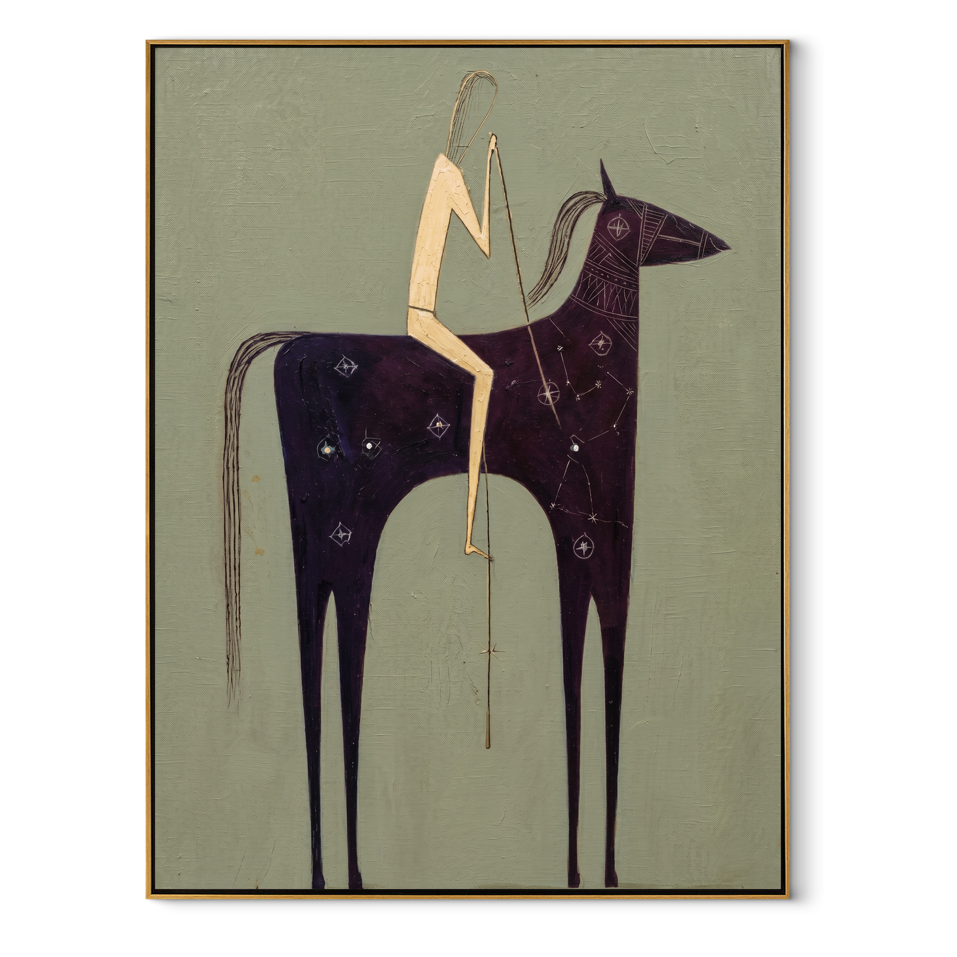 Midnight Horse Carries Linen - minimal dark horse painting by Elliot Vale, modern figurative vertical wall art - wood frame on white background