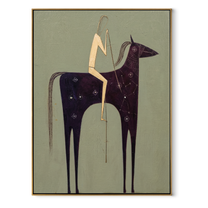 Midnight Horse Carries Linen - minimal dark horse painting by Elliot Vale, modern figurative vertical wall art - wood frame on white background