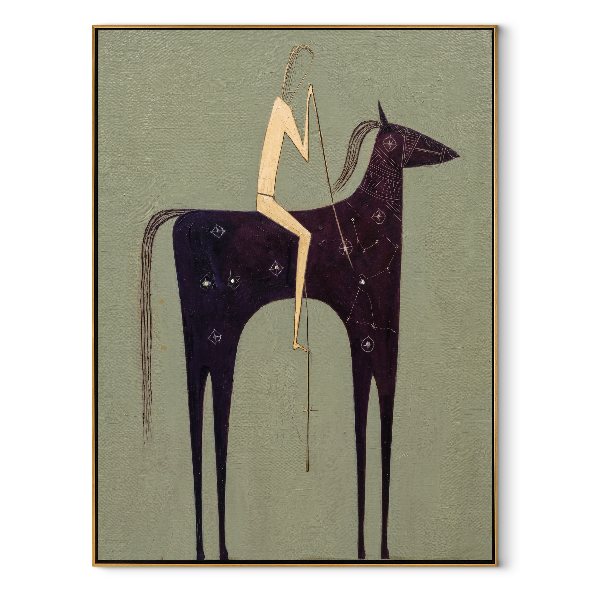 Midnight Horse Carries Linen - minimal dark horse painting by Elliot Vale, modern figurative vertical wall art - wood frame on white background
