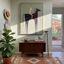 Midnight Horse Carries Linen - minimal dark horse painting by Elliot Vale, modern figurative vertical wall art - styled room scene view 2