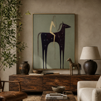 Midnight Horse Carries Linen - minimal dark horse painting by Elliot Vale, modern figurative vertical wall art - styled room scene view 3