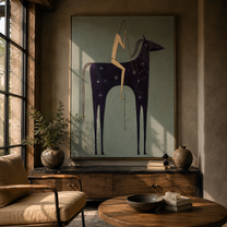 Midnight Horse Carries Linen - minimal dark horse painting by Elliot Vale, modern figurative vertical wall art - styled room scene view 4