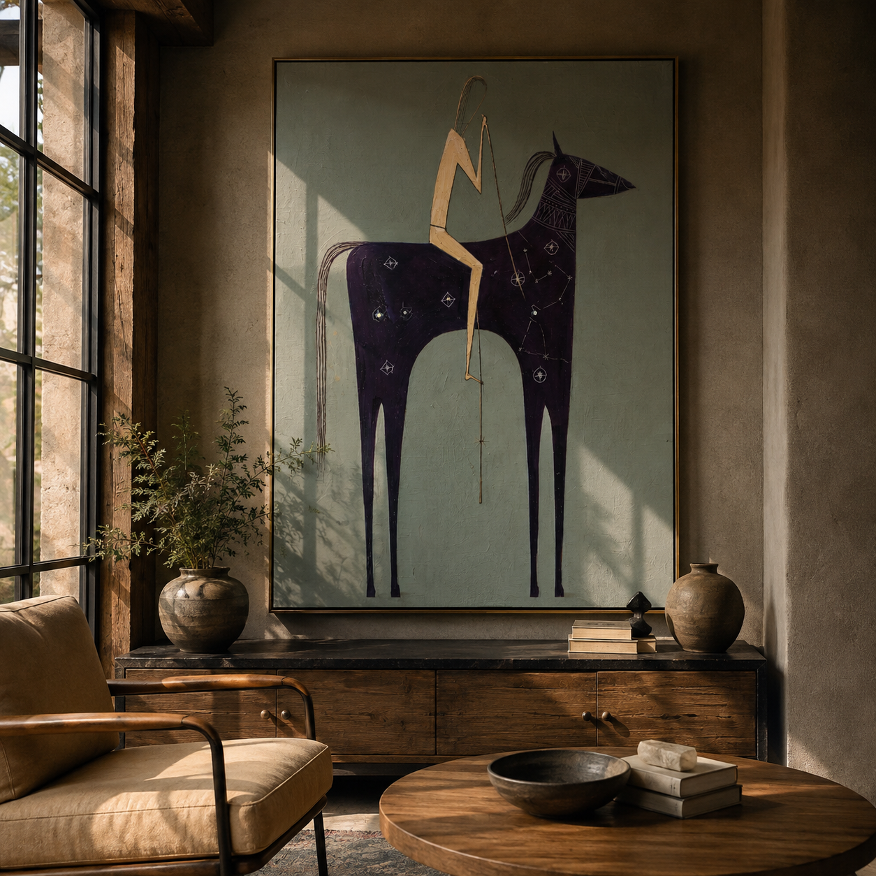 Midnight Horse Carries Linen - minimal dark horse painting by Elliot Vale, modern figurative vertical wall art - styled room scene view 4