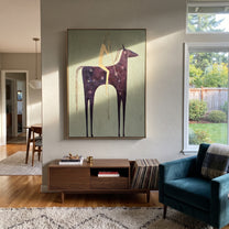 Midnight Horse Carries Linen - minimal dark horse painting by Elliot Vale, modern figurative vertical wall art - styled room scene view 5
