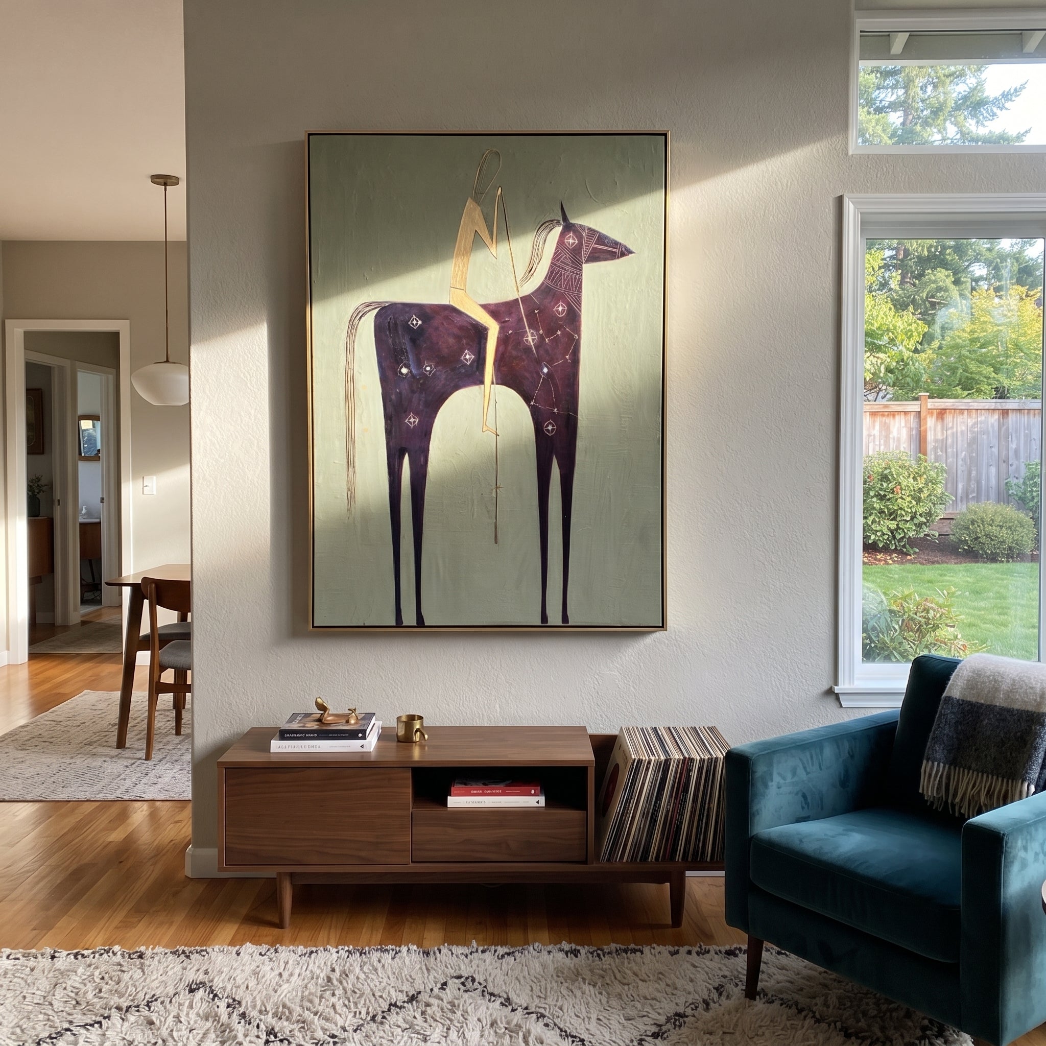 Midnight Horse Carries Linen - minimal dark horse painting by Elliot Vale, modern figurative vertical wall art - styled room scene view 5