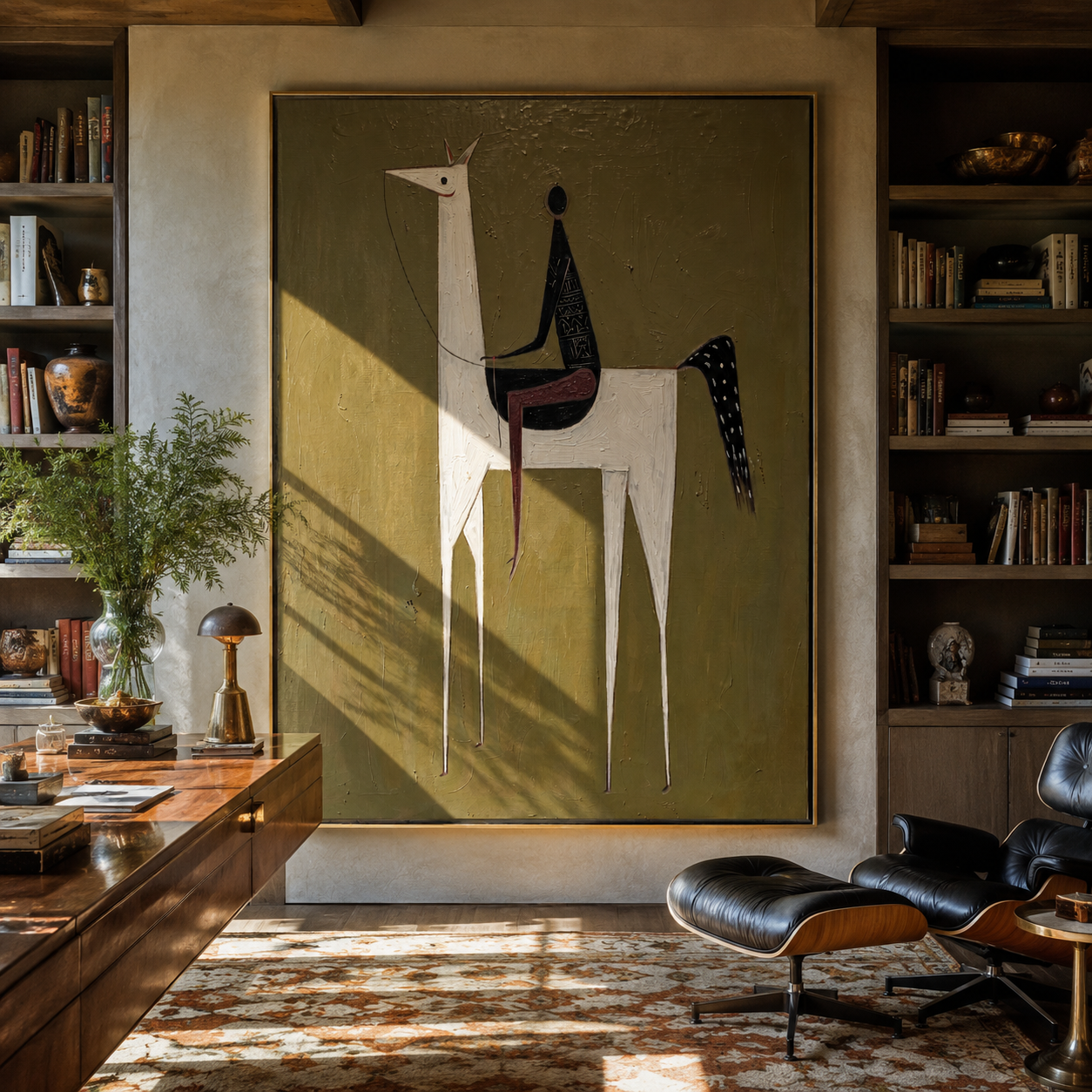 White Horse Lifts Night - minimal white horse painting by Elliot Vale, modern figurative vertical wall art - styled room scene view 1