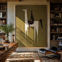 White Horse Lifts Night - minimal white horse painting by Elliot Vale, modern figurative vertical wall art - styled room scene view 1