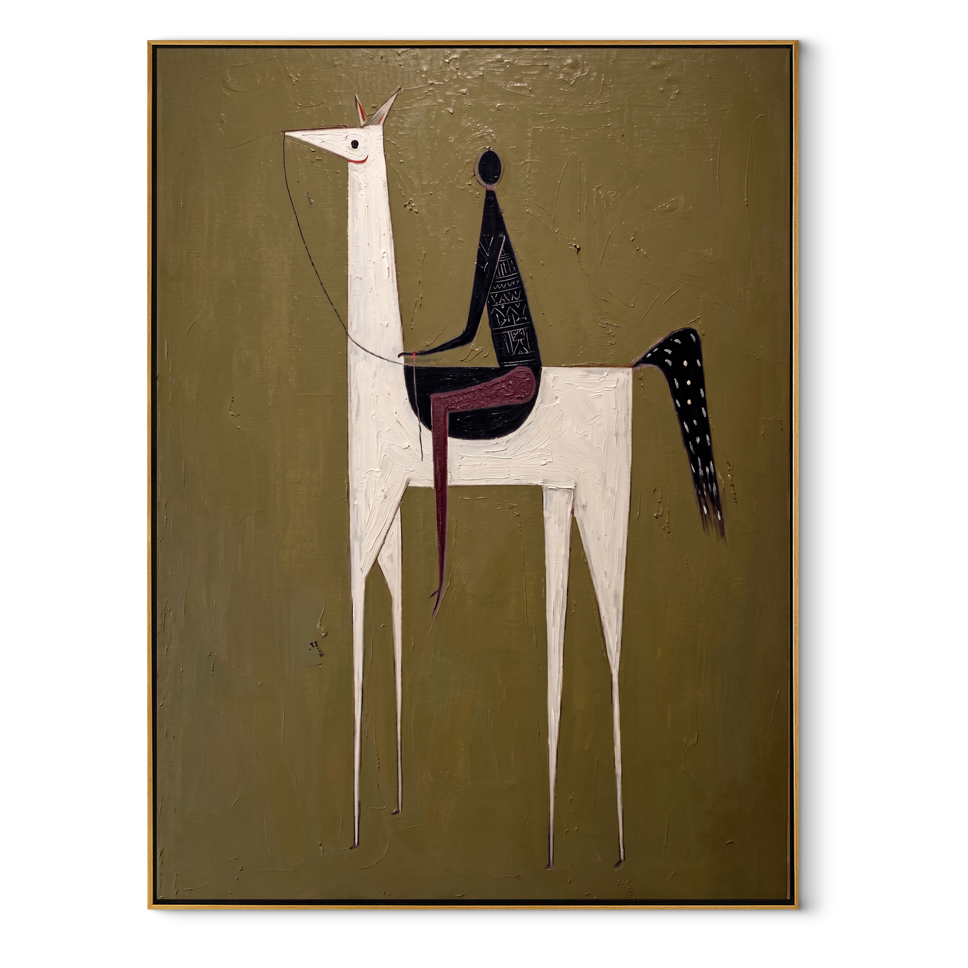White Horse Lifts Night - minimal white horse painting by Elliot Vale, modern figurative vertical wall art - wood frame on white background