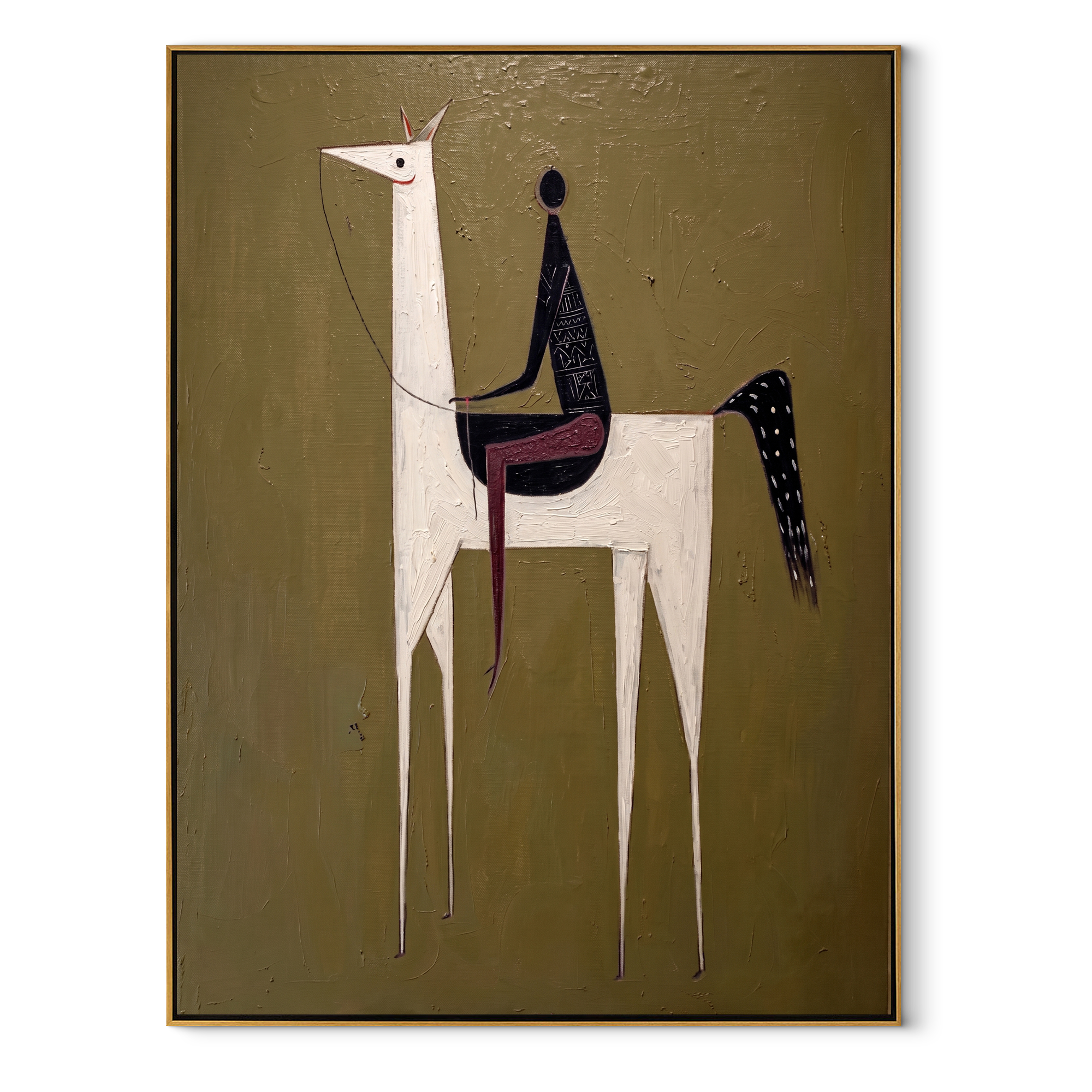 White Horse Lifts Night - minimal white horse painting by Elliot Vale, modern figurative vertical wall art - wood frame on white background
