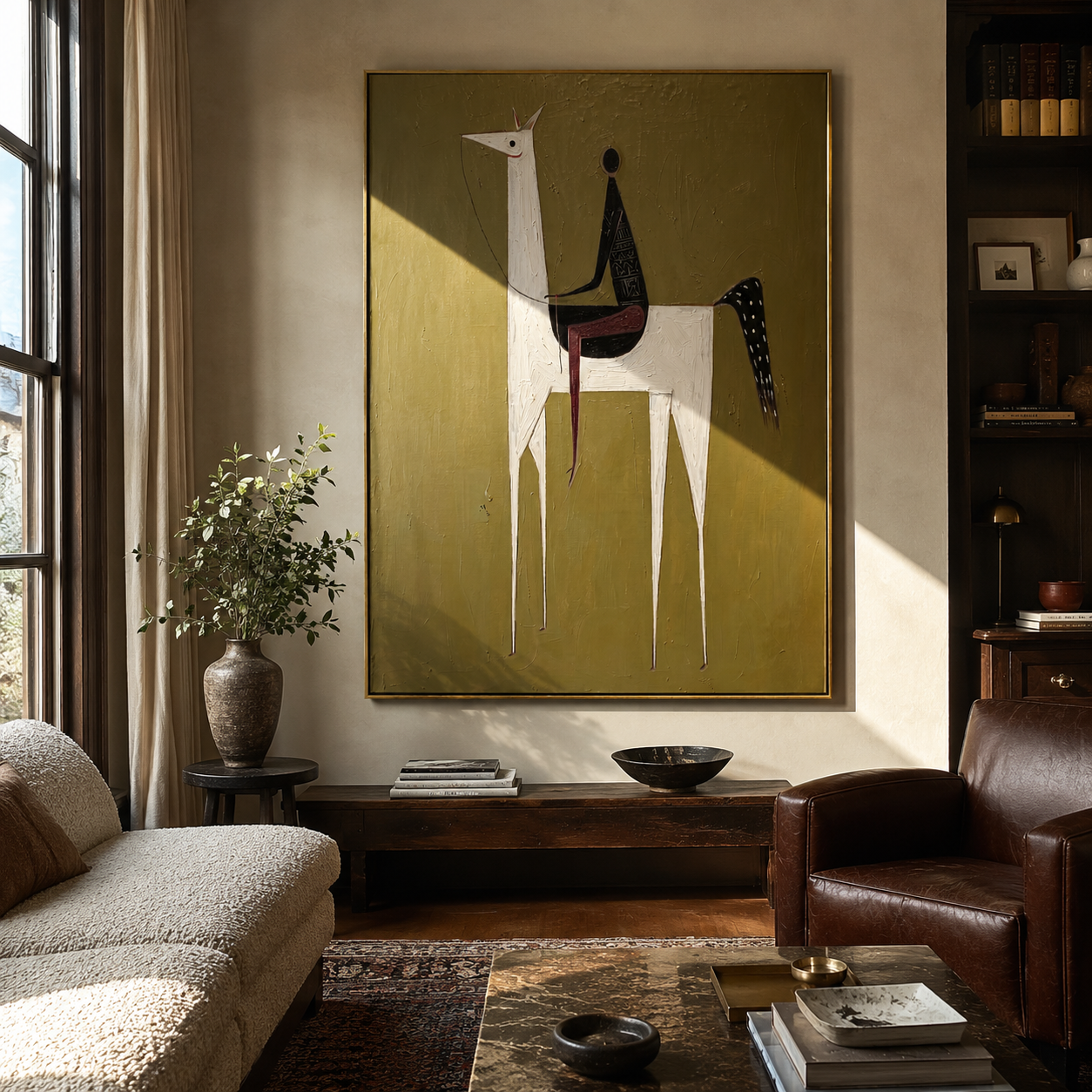 White Horse Lifts Night - minimal white horse painting by Elliot Vale, modern figurative vertical wall art - styled room scene view 4