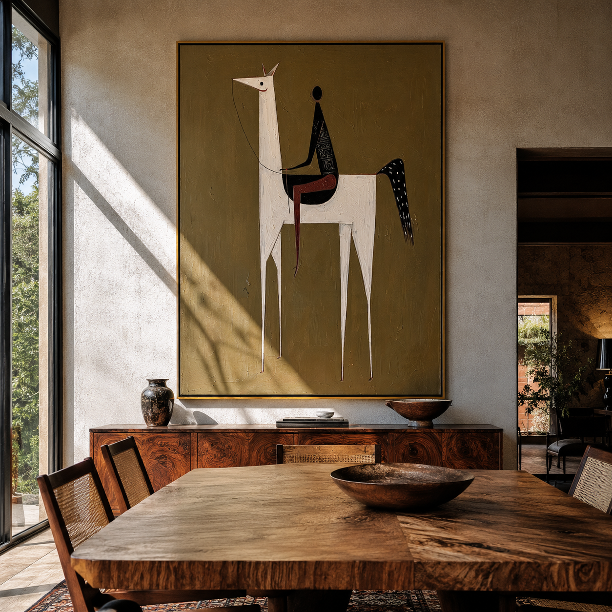 White Horse Lifts Night - minimal white horse painting by Elliot Vale, modern figurative vertical wall art - styled room scene view 5