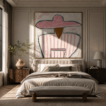Pink Stripes Hold Cup - seated sombrero figure painting by Elliot Vale, modern figurative square wall art - styled room scene view 1