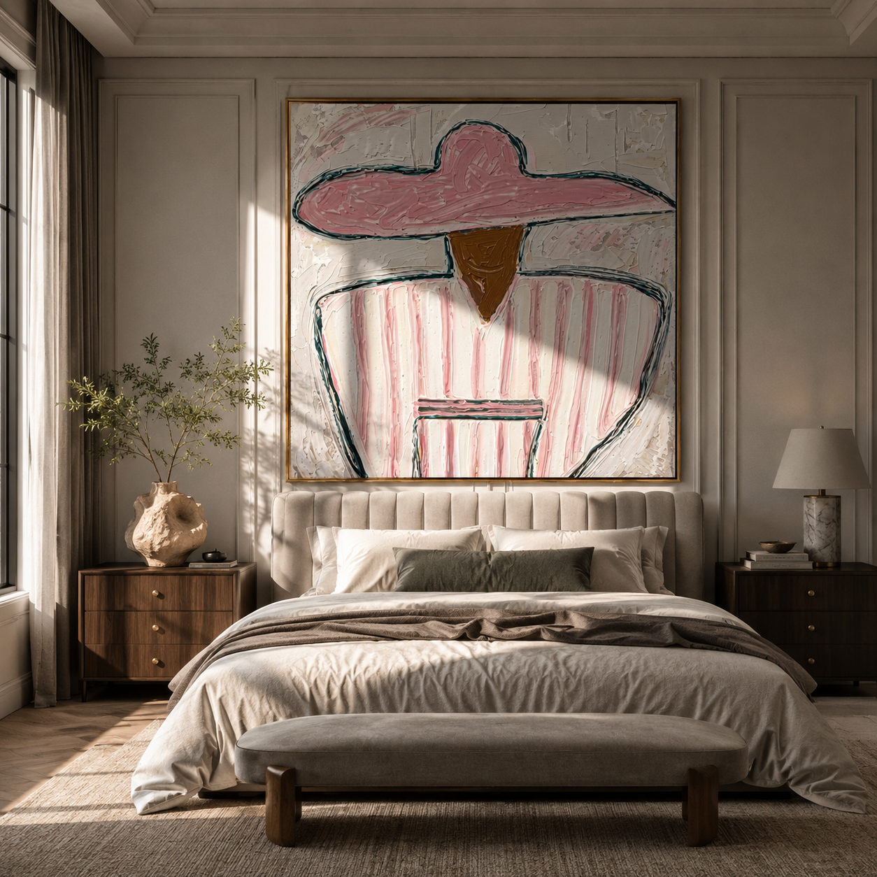 Pink Stripes Hold Cup - seated sombrero figure painting by Elliot Vale, modern figurative square wall art - styled room scene view 1
