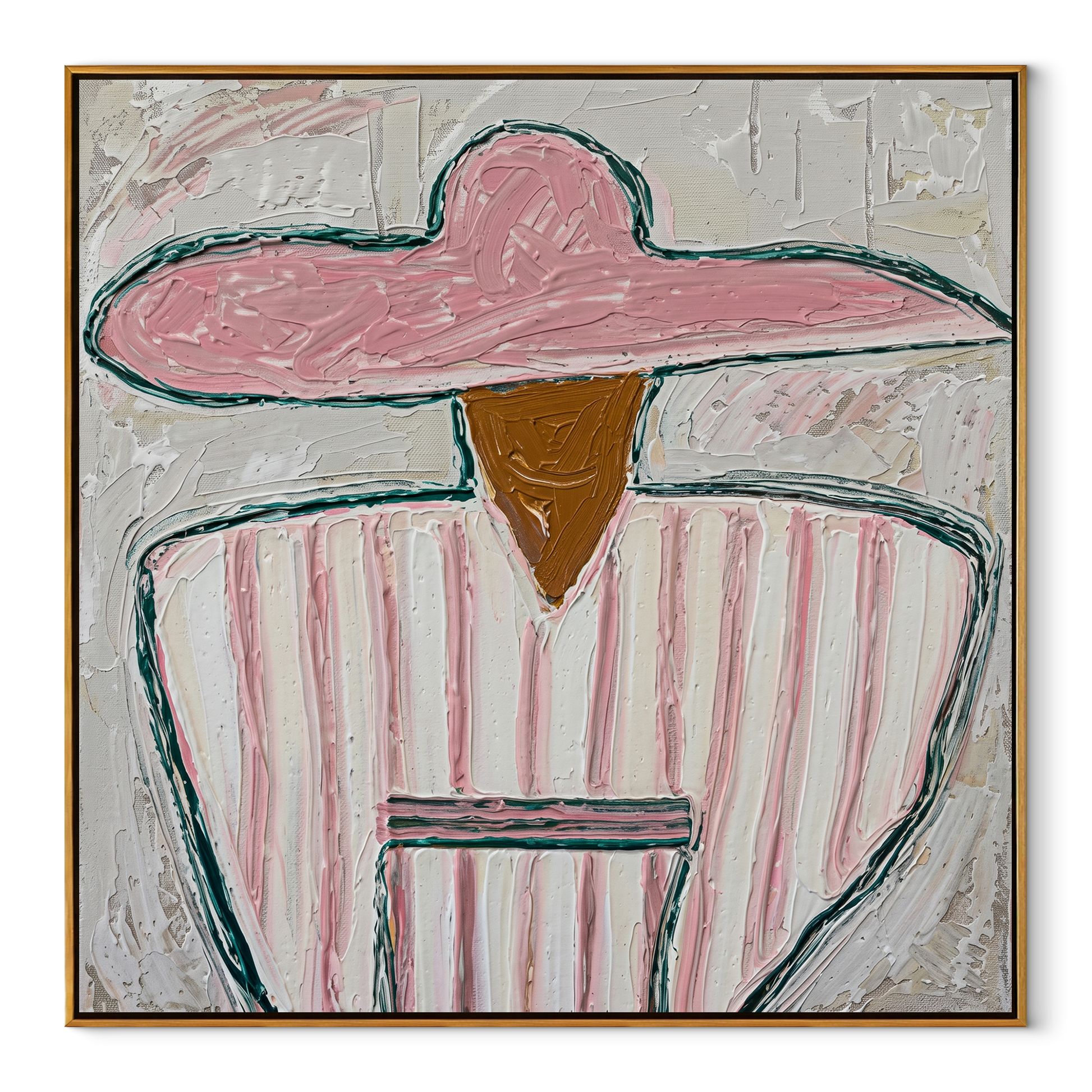 Pink Stripes Hold Cup - seated sombrero figure painting by Elliot Vale, modern figurative square wall art - wood frame on white background