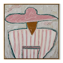 Pink Stripes Hold Cup - seated sombrero figure painting by Elliot Vale, modern figurative square wall art - wood frame on white background