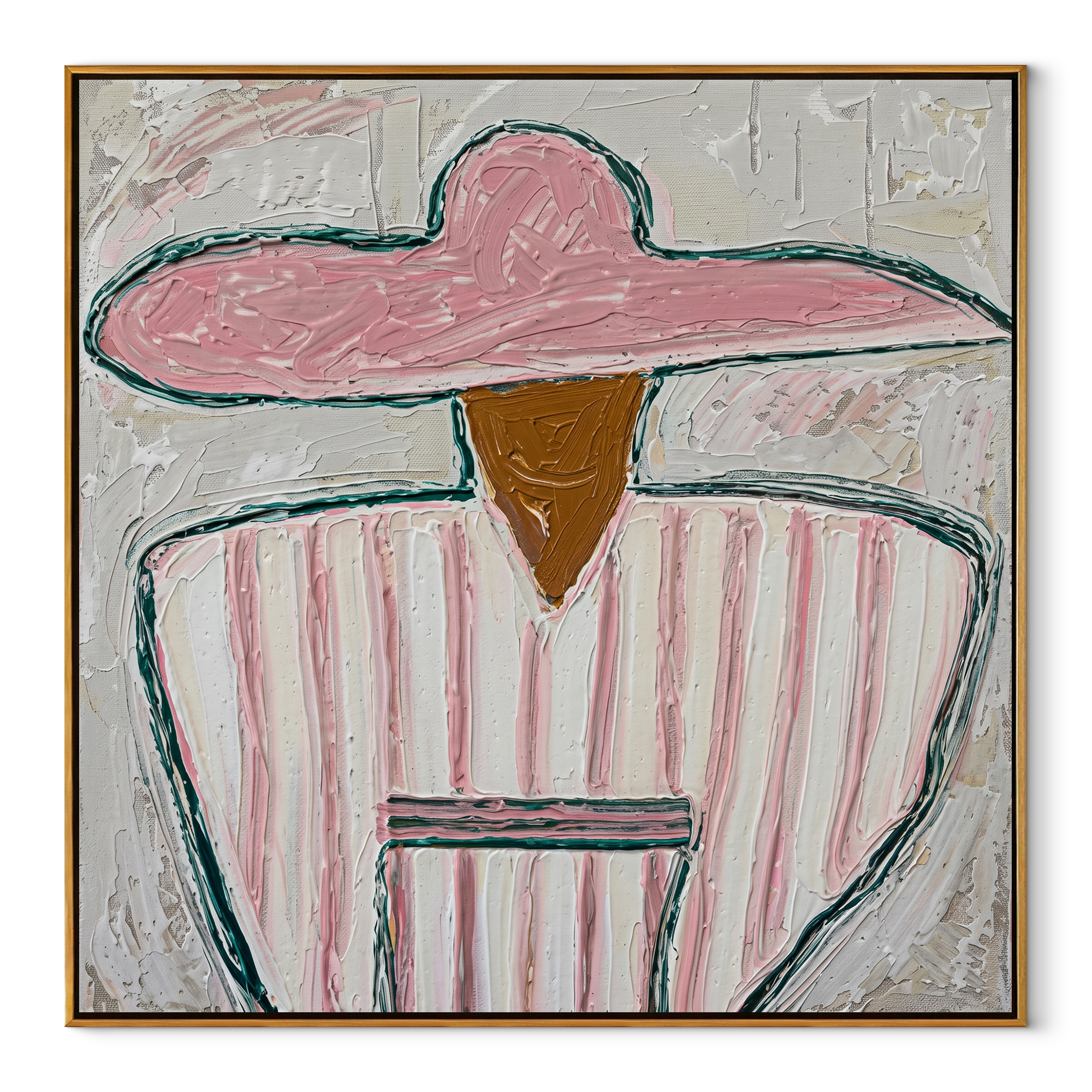 Pink Stripes Hold Cup - seated sombrero figure painting by Elliot Vale, modern figurative square wall art - wood frame on white background