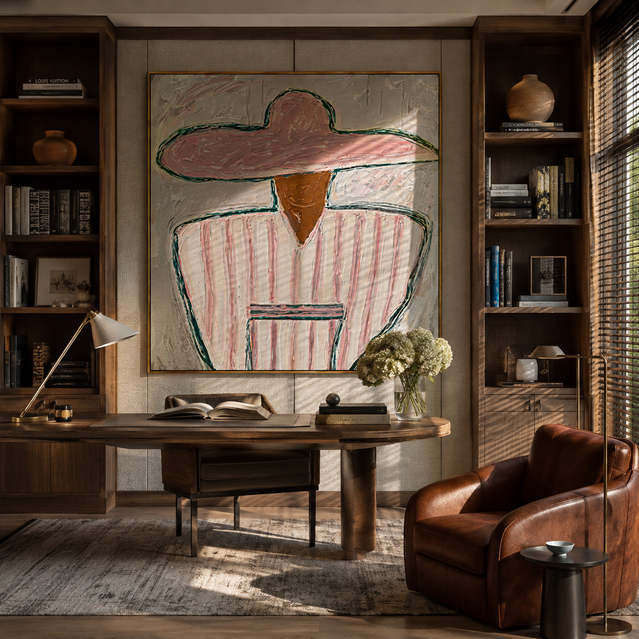 Pink Stripes Hold Cup - seated sombrero figure painting by Elliot Vale, modern figurative square wall art - styled room scene view 2