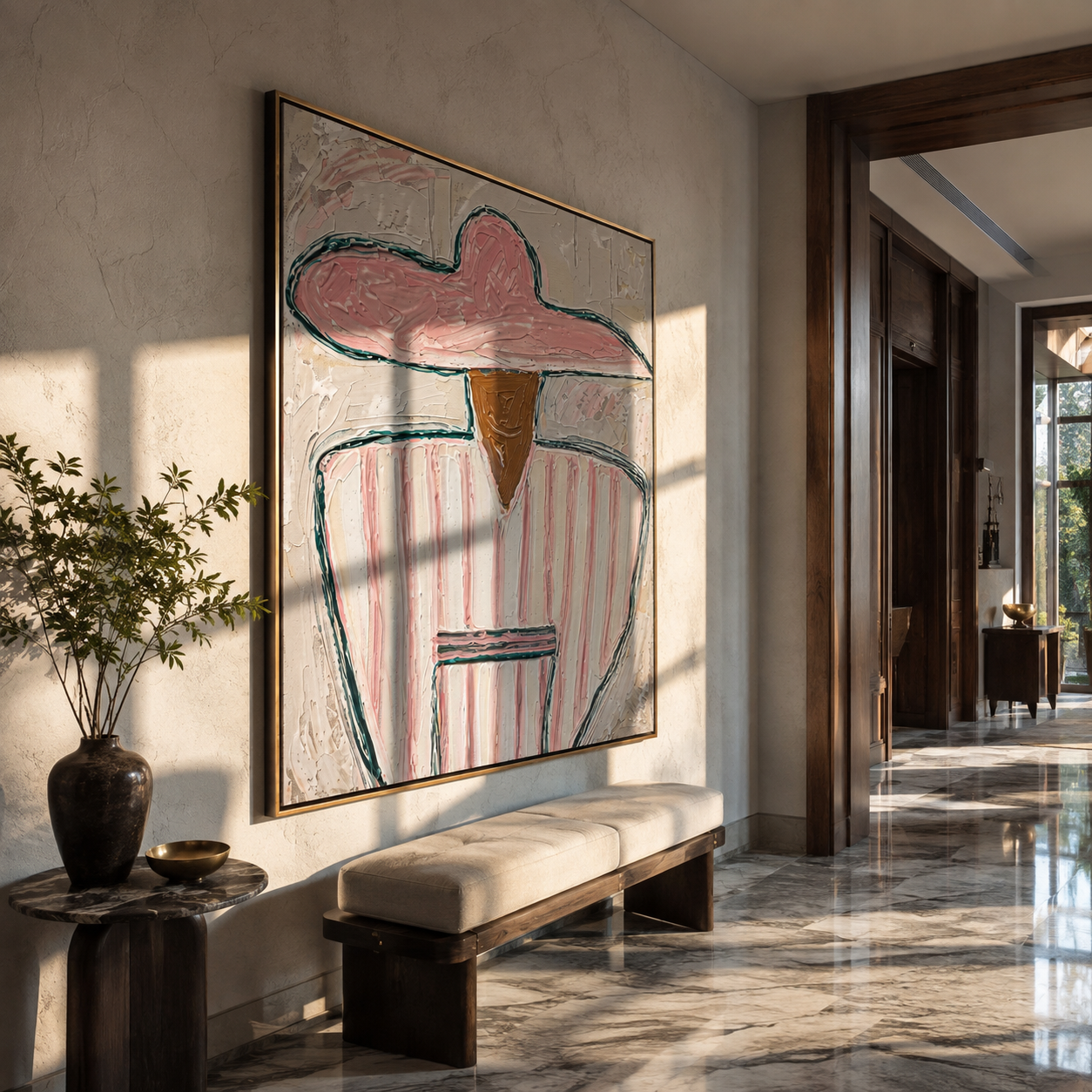 Pink Stripes Hold Cup - seated sombrero figure painting by Elliot Vale, modern figurative square wall art - styled room scene view 3