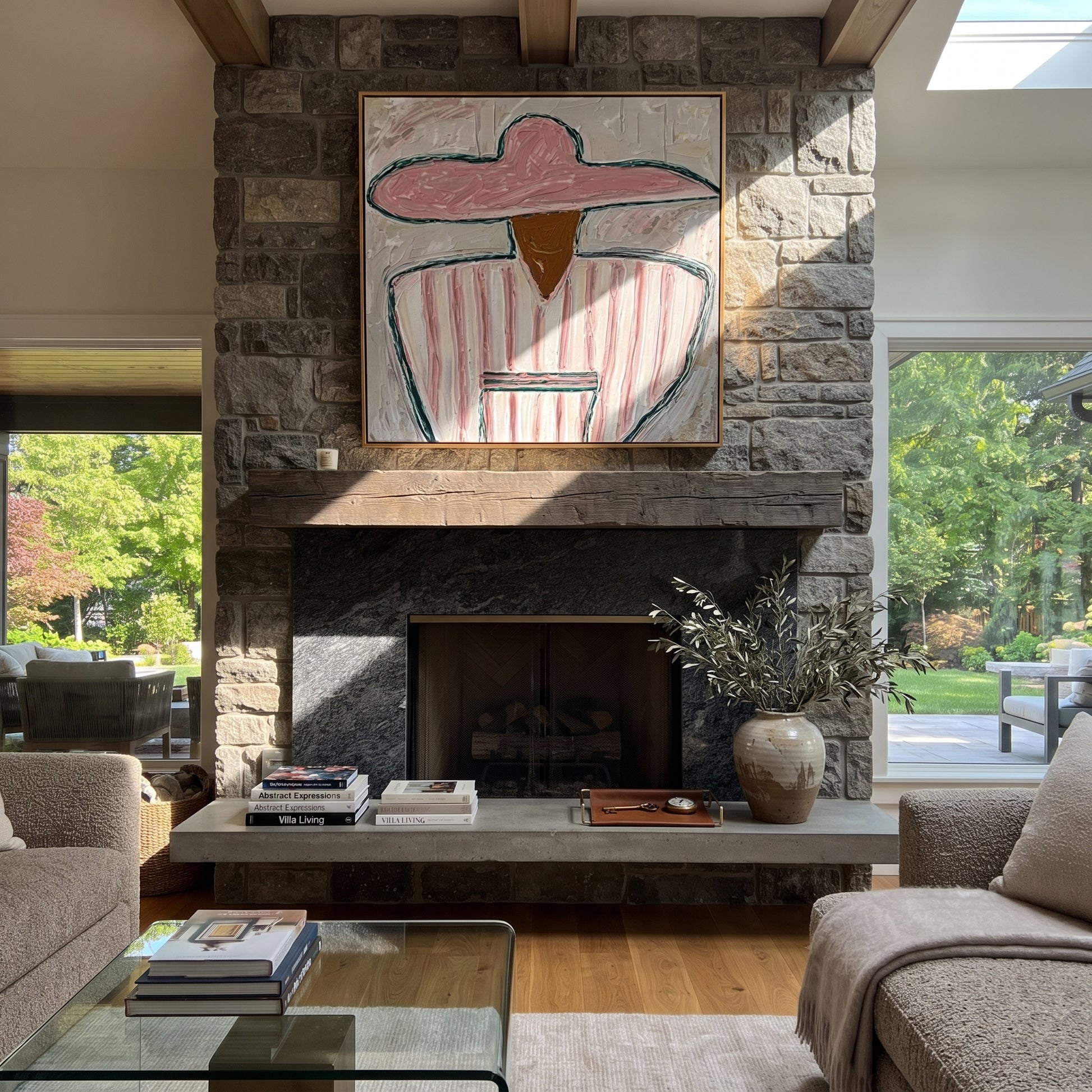 Pink Stripes Hold Cup - seated sombrero figure painting by Elliot Vale, modern figurative square wall art - styled room scene view 4