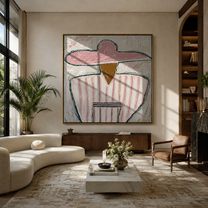 Pink Stripes Hold Cup - seated sombrero figure painting by Elliot Vale, modern figurative square wall art - styled room scene view 5