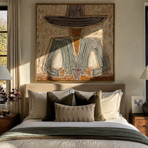 Gray Brim Guards Cup - seated gray sombrero painting by Elliot Vale, modern figurative square wall art - styled room scene view 1