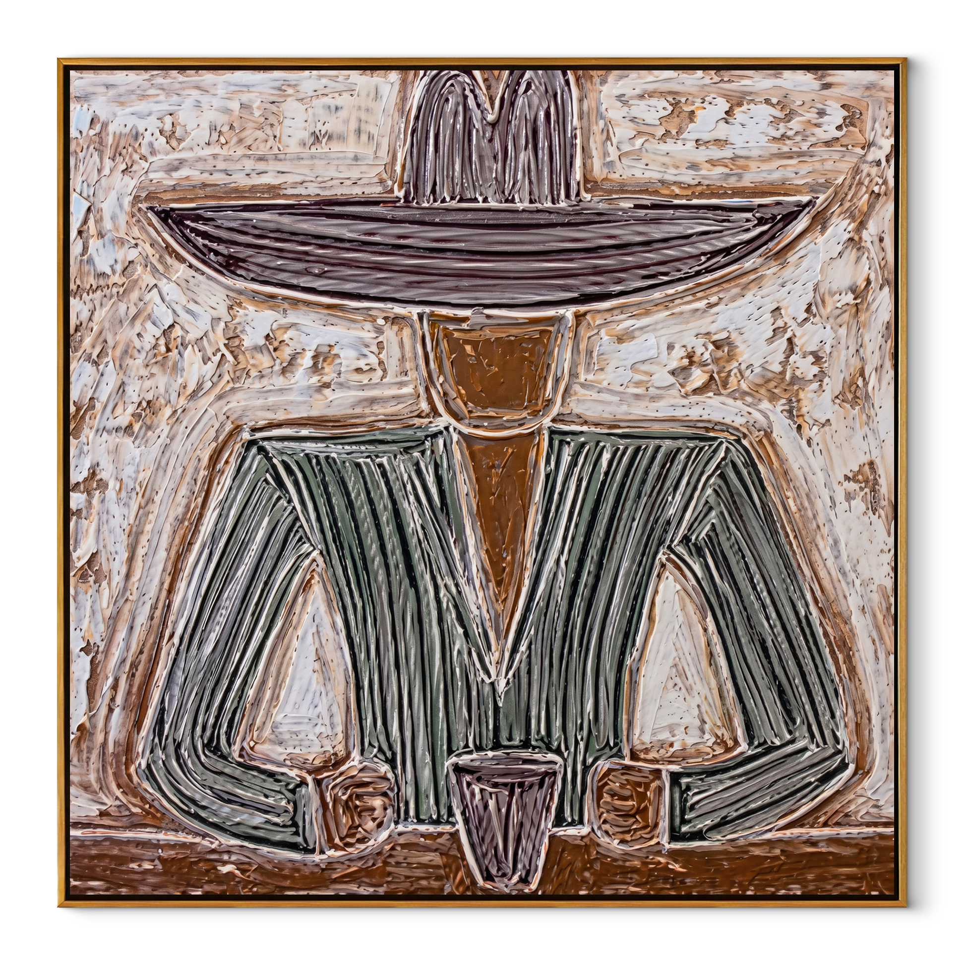 Gray Brim Guards Cup - seated gray sombrero painting by Elliot Vale, modern figurative square wall art - wood frame on white background