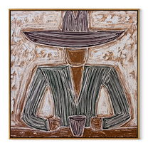 Gray Brim Guards Cup - seated gray sombrero painting by Elliot Vale, modern figurative square wall art - wood frame on white background