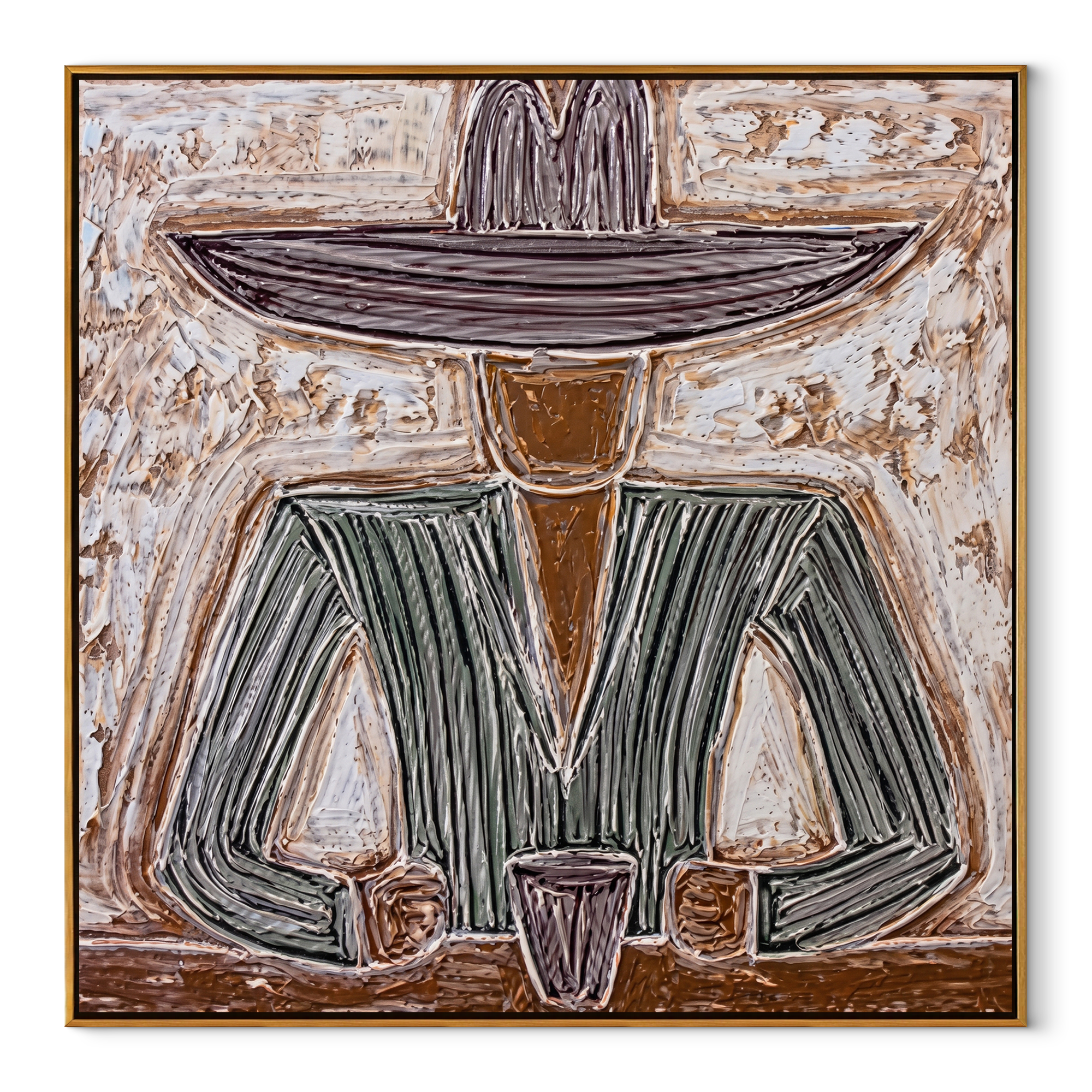 Gray Brim Guards Cup - seated gray sombrero painting by Elliot Vale, modern figurative square wall art - wood frame on white background