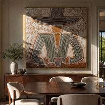 Gray Brim Guards Cup - seated gray sombrero painting by Elliot Vale, modern figurative square wall art - styled room scene view 2