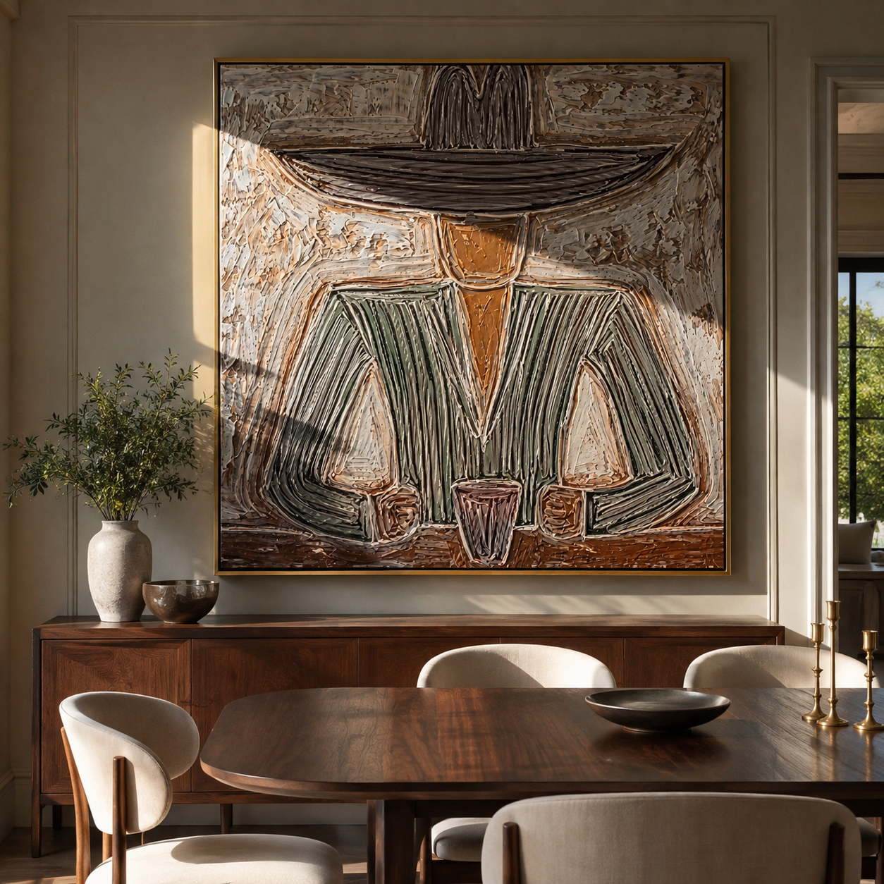 Gray Brim Guards Cup - seated gray sombrero painting by Elliot Vale, modern figurative square wall art - styled room scene view 2