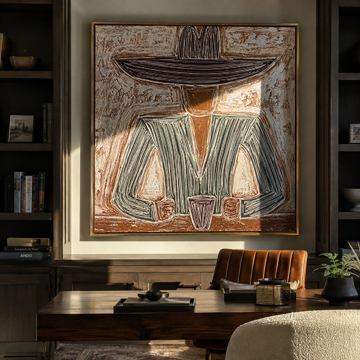 Gray Brim Guards Cup - seated gray sombrero painting by Elliot Vale, modern figurative square wall art - styled room scene view 3