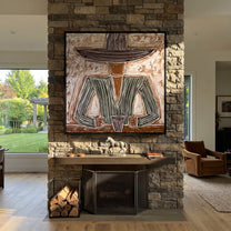 Gray Brim Guards Cup - seated gray sombrero painting by Elliot Vale, modern figurative square wall art - styled room scene view 4