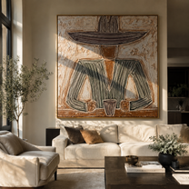Gray Brim Guards Cup - seated gray sombrero painting by Elliot Vale, modern figurative square wall art - styled room scene view 5