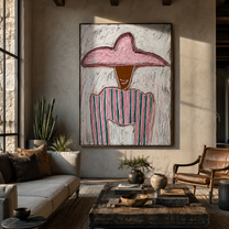 Rose Pocket Holds Quiet - pink green striped painting by Elliot Vale, modern figurative vertical wall art - styled room scene view 1