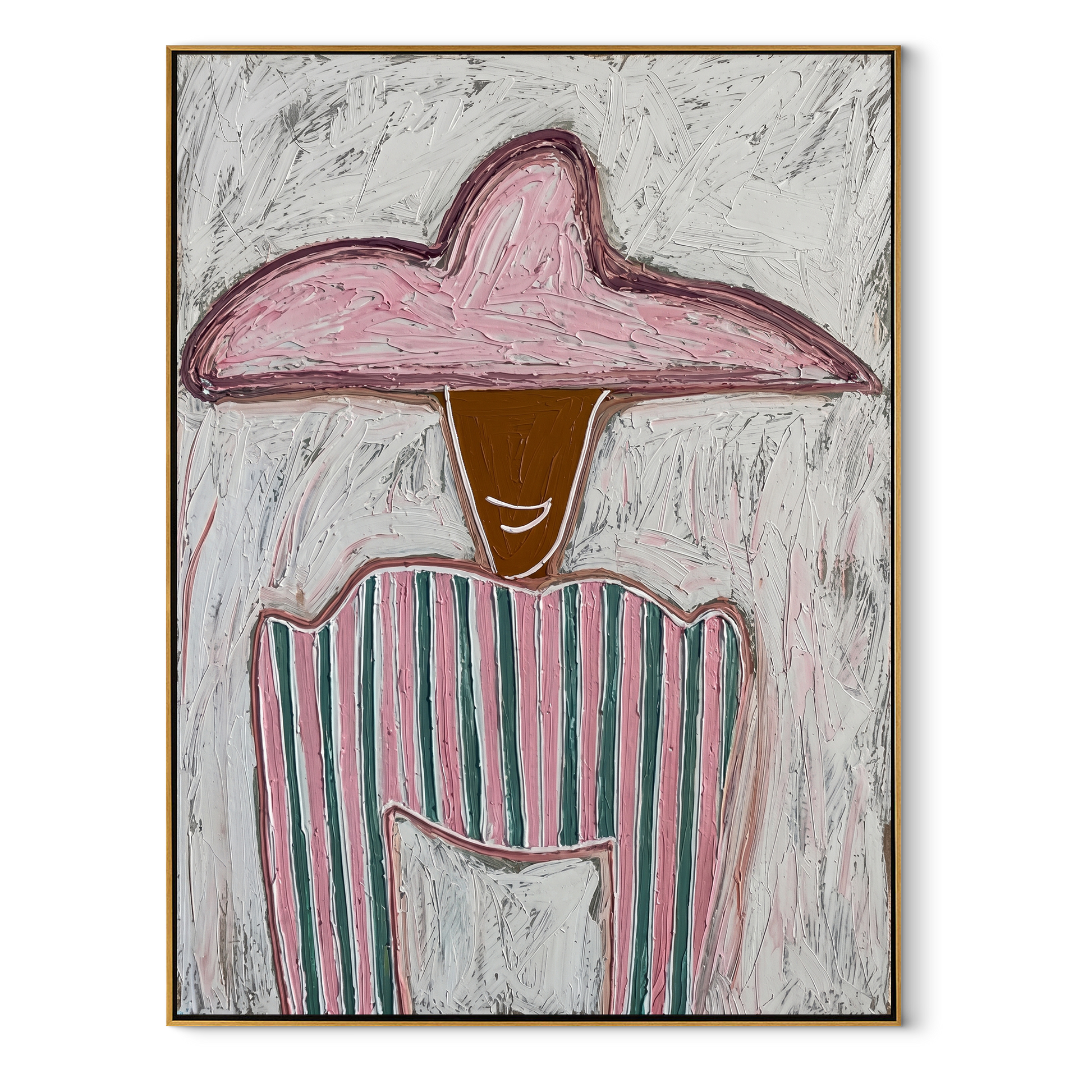 Rose Pocket Holds Quiet - pink green striped painting by Elliot Vale, modern figurative vertical wall art - wood frame on white background