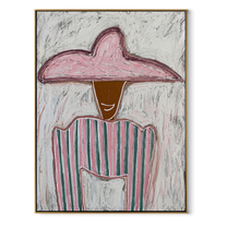 Rose Pocket Holds Quiet - pink green striped painting by Elliot Vale, modern figurative vertical wall art - wood frame on white background